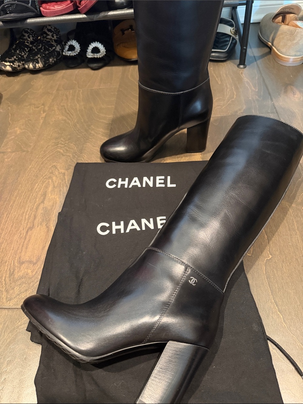 CHANEL Black Leather Knee-High Block Heel Boots 38.5